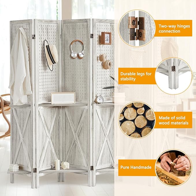 6 Panel Pegboard Display with 24 Hooks, Wooden Pegboard Room Divider Wall with Shelf, Partition Room Dividers and Folding Privacy Screens, Bedroom, Jewelry Store, White