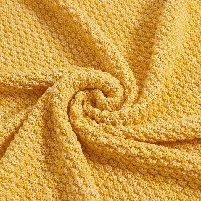 Longhui bedding 100% Cotton Knitted Throw Blanket – Yellow, Soft & Cozy, Machine Washable, 60"x80" – Perfect for Living Room, Couch, Sofa, Bed or Travel