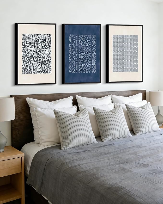 Drsoum Blue Mid-Century Modern Framed Wall Art Large 16x24in Minimalist Abstract Boho Wall Decor Geometric Artwork Kitchen Dining Room Black Framed
