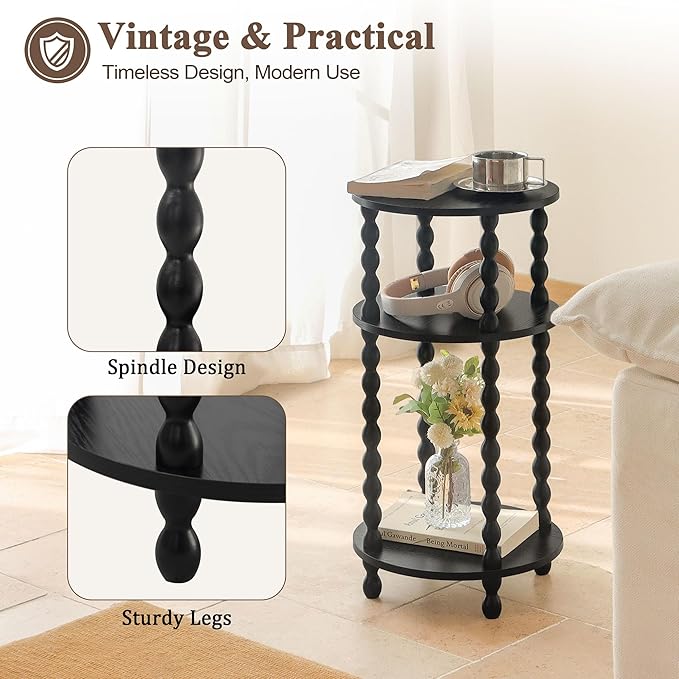 AWASEN Small Round Side Table, Black End Table with 3-Tier Open Shelf for Small Spaces, Round Bedside Table Nightstand for Bedroom, Living Room, Office, Black