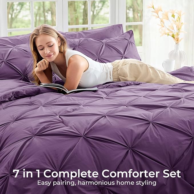 Sasttie King Size Comforter Set, 7-Piece Bed in a Bag, Pintuck Bedding Set for All Season, Includes Comforter, Flat Sheet, Fitted Sheet, Pillowcases and Pillowshams, Grape Purple
