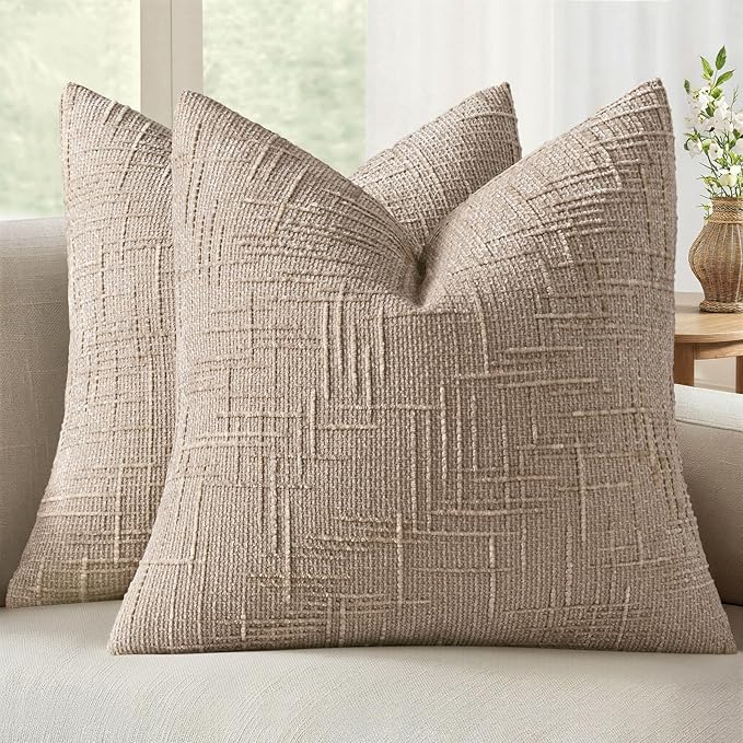 MIULEE Textured Throw Pillow Covers Thick Chenille Decorative Pillows Oatmeal 20x20 Inch Set of 2 Modern Boho Farmhouse Home Decor Neutral Cushion Covers for Couch Sofa Living Room Bedroom