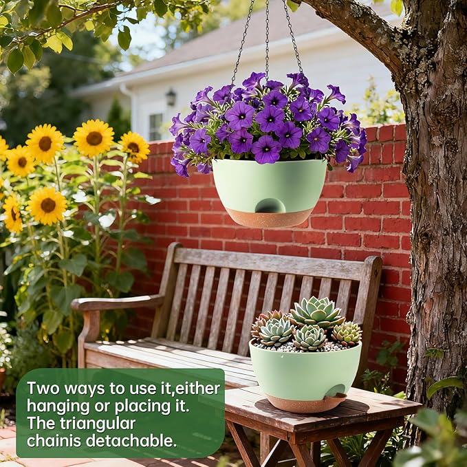 3-Piece Set of 10-Inch Hanging Planters with Automatic Watering System and Drip Tray, Includes Metal Chain, Suitable for Various Indoor and Outdoor Plants and Flowers, Green Brown