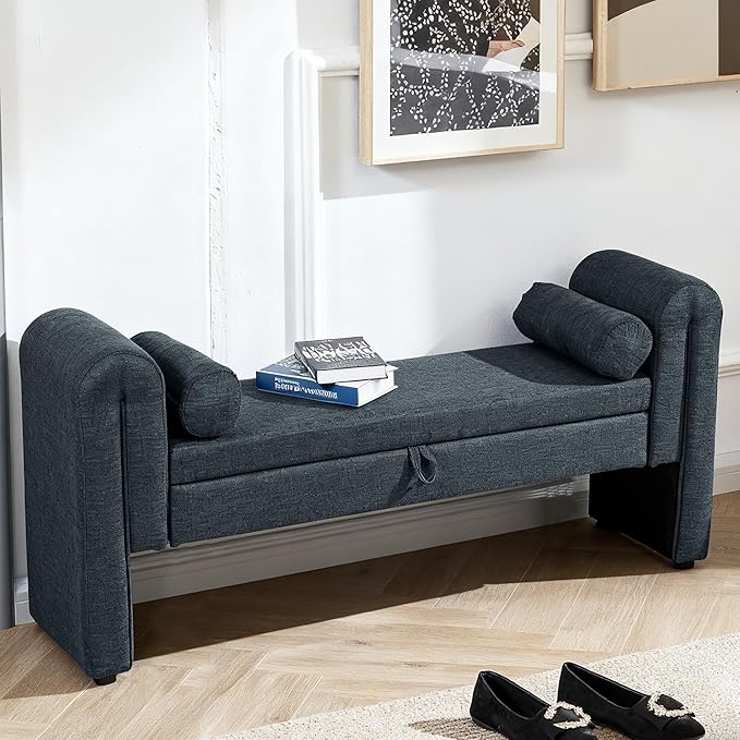 60.5" End of Bed Bench Storage Bench for Bedroom,Soft Linen Upholstered Ottoman Bench with Rolled Arms, Eentryway Bench with Storage for Living Room,Hallway, Dressing Room (Light Blue)
