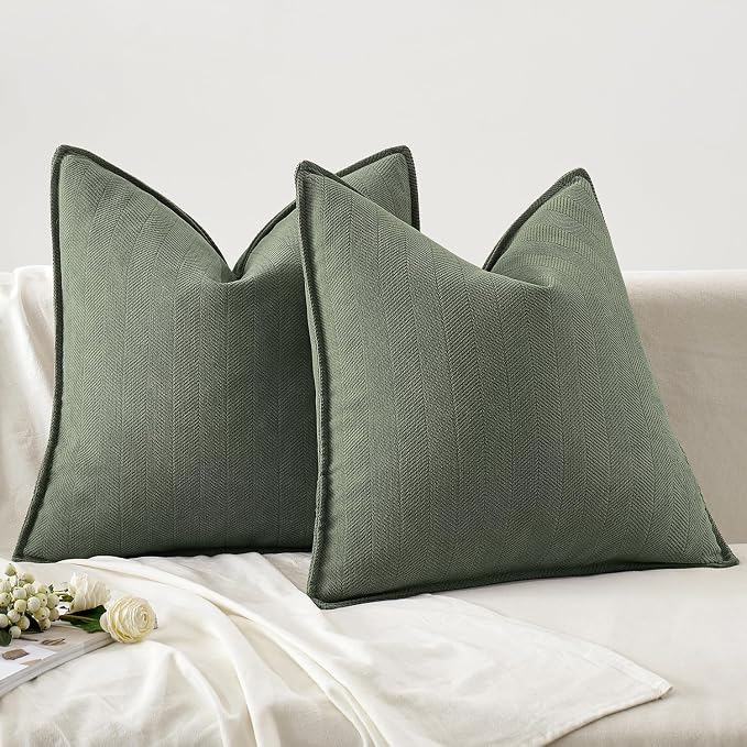 MIULEE Pack of 2 Army Green Decorative Pillow Covers 18x18 Inch Soft Chenille Luxurious Couch Throw Pillows Farmhouse Cushion Covers with Elegant Design for Sofa Bedroom Living Room Spring Home Decor
