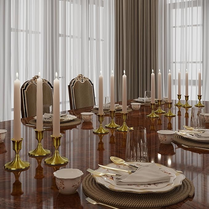 zeochyni 12 PCS Brass Gold Taper Candle Holders Set, Vintage Metal Candlestick Holders for Dinner Room Table Centerpiece or Mantel Wedding Party Decor