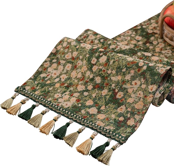 Floral Spring Summer Table Runner for Living Room Jacquard Flower Dining Table Runner with Tassels Daisy Decorative Elegant Natural Table Runners 13 x 48 Inch Green