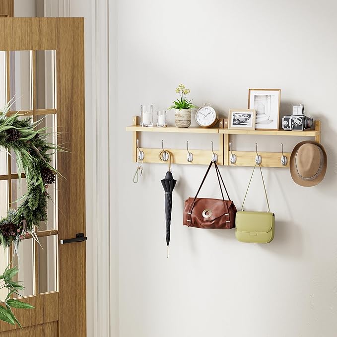 STELLSTAR Coat Rack with Shelf, 2 Pack Bamboo Wall-Mounted Coat Hanger with 8 Hooks for Entryway, Hallway, Kitchen, Bathroom, Living Room, Utility Room (Natural)
