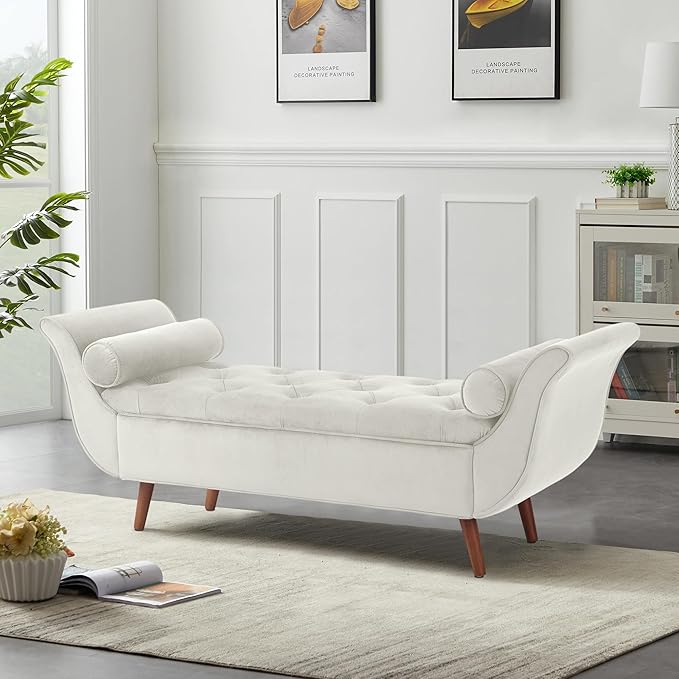 65" Velvet Storage Bench, 65" Vintage Upholstered Rolled Armed Button Tufted Stool Bench for Bedroom, Living Room, Entryway, Hallway, Dressing Room (Beige)