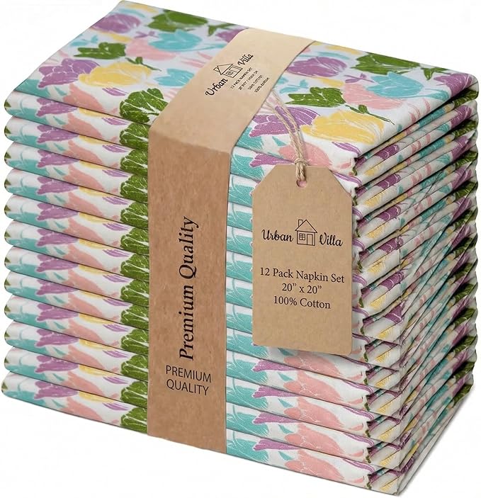 Urban Villa Cloth Napkins 100% Cotton Highly Absorbent Washable Durable Reusable Premium Dinner Napkins Ideal for Gifts for Mothers Day Hotel Farmhouse Parties - Tulip (20" x 20", Set of 12)