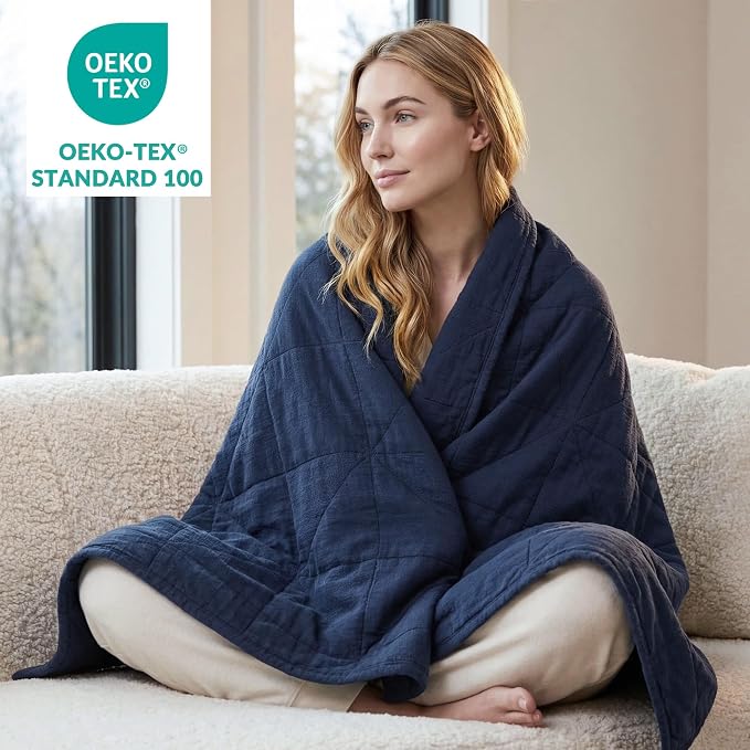 Exclusivo Mezcla 100% Cotton Muslin Blanket for Bed, Queen Size 4-Layer Moisture-Wicking and Breathable Ultra Soft Gauze Blanket for Spring Summer, 90"x90", Navy Blue