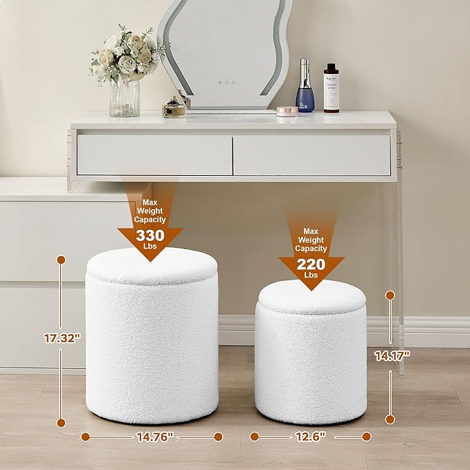 oakvivo Round Set of 2 Ottoman with Storage, Boucle Storage Ottoman Foot Stool, Soft Teddy Upholstered Small Vanity Stool, Ottomans Padded Seat Foot Rest for Living Room Bedroom, White