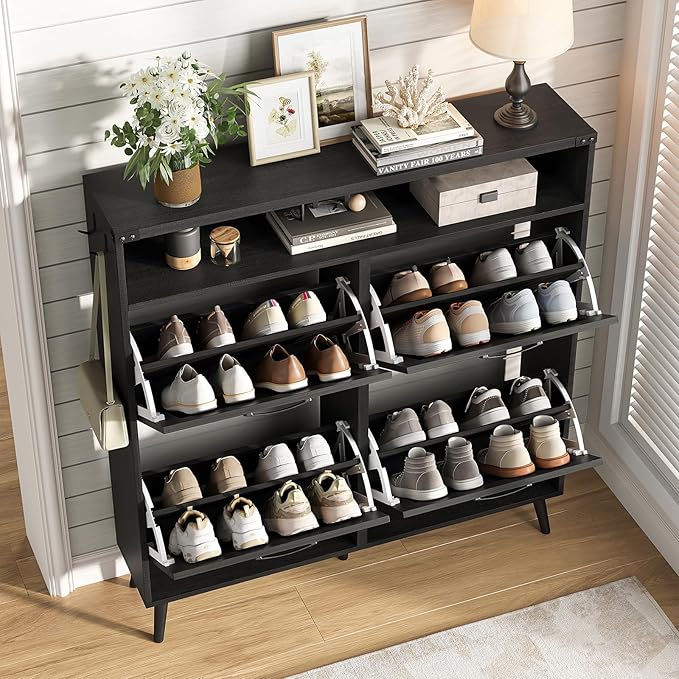 Vabches Shoe Cabinet with 4 Flip Drawers,Narrow Shoe Storage Cabinet for Entryway,Farmhouse Freestanding Shoe Organizer Rack for Hallway,Black