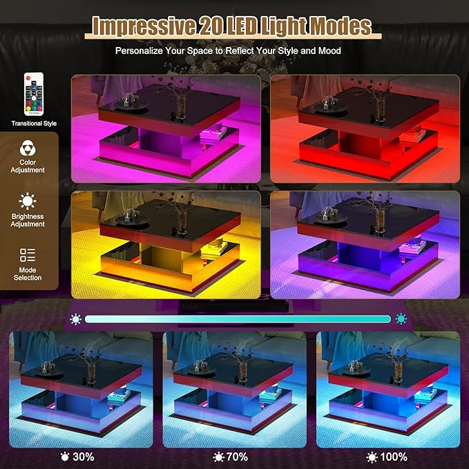 HedoAjim Red LED Coffee Table for Living Room, Living Room Table 2-Tier Square Modern High Glossy Contemporary Wood Coffee Tables with Storage, Tea Table for Dining Reception Room