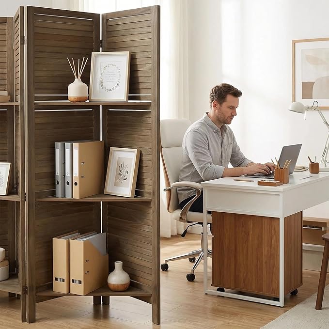 Bluecat 4 Panel Folding Room Divider with Shelves, Portable Lightweight Privacy Screen for Bedroom Home Office, No Assembly Required, Dark Brown