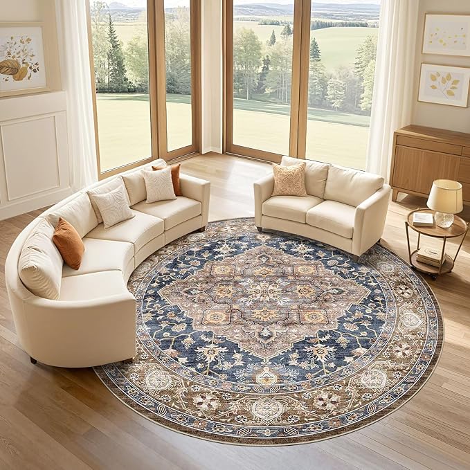 Round Rug Living Room Rugs: 7x7 Washable Boho Neutral Large Circle Soft Indoor Floral Stain Resistant Floor Farmhouse Carpet for Bedroom Nursery Kids Playroom Office Dining Room Dorm- Yellow Blue