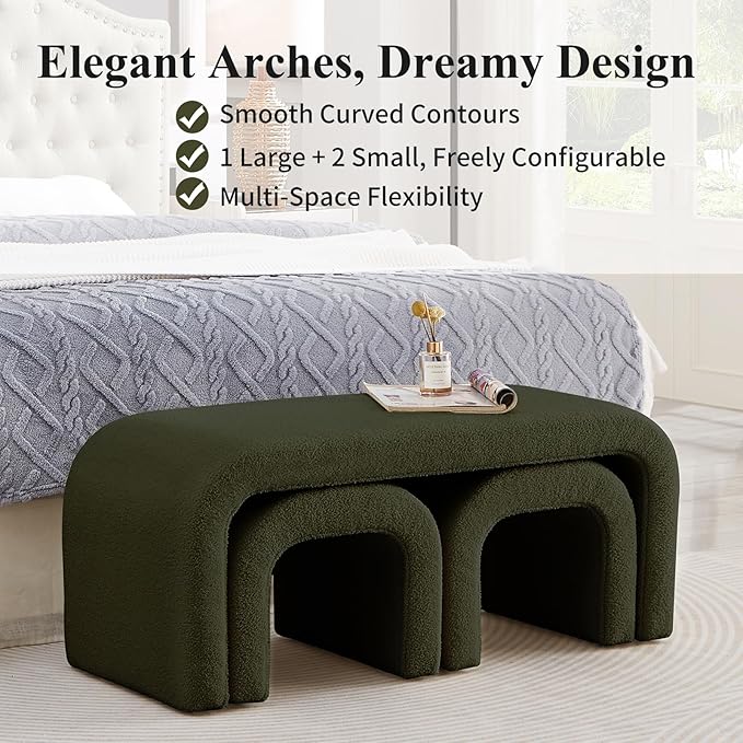 3-Piece Modern Ottoman Bench Set, 44" Wide Teddy Upholstered End of Bed Bench with 2 Foot Stools, Padded U-Shaped Entry Bench Vanity Stool for Living Room Bedroom (Dark Green)