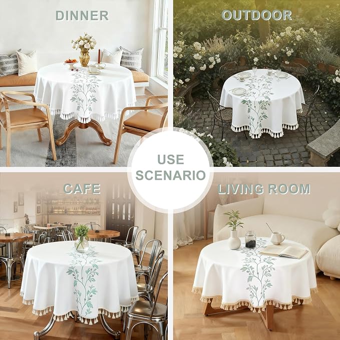 Laolitou Cotton Linen Waterproof Tablecloth for Dining Rustic Farmhouse Kitchen Round Table Cloth Coffee Table Cover, Beige, Green Coffee Flower, Round, 55", 2-4 Seats