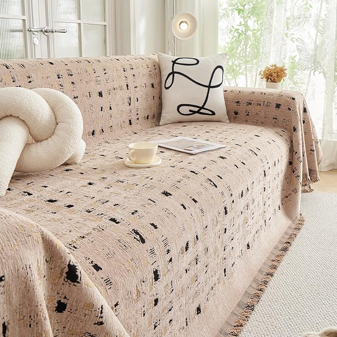 DREAMINGO Abstract Chenille Couch Cover Blanket Coffee Black Boho Sofa Cover, Washable Furniture Protector, Universal Slipcover for Couch, Geometric Brushstroke Jacquard, XX-Large 71"x150"