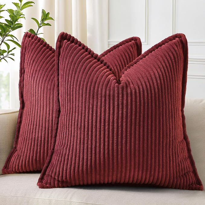 decorUhome Summer Corduroy Burgundy Euro Sham Throw Pillow Covers 22x22 Set of 2 Decorative Soft Boho Farmhouse Couch Pillow Covers for Living Room Bed Sofa Broadside Striped Pillow Cases