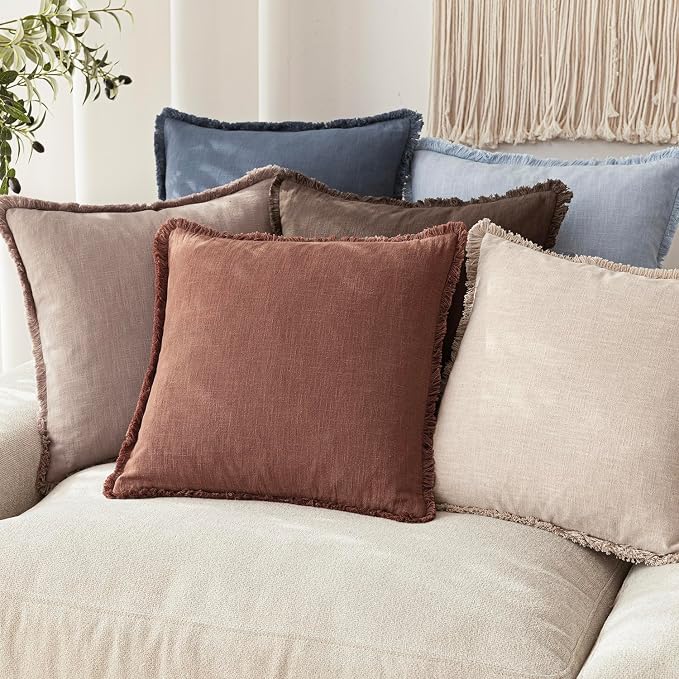 Foindtower Set of 2 Decorative Linen Fringe Throw Pillow Covers Boho Farmhouse Cushion Cover with Tassels Accent Pillowcase for Couch Chair Sofa Bed Living Room Home Decor,22×22 Inch,Rust Red