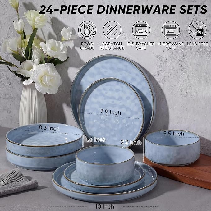 E-far 24-Piece Plates and Bowls Sets with Pasta Bowls - Stoneware Dinnerware Set for 6, Modern Ribbed Dishes, Microwave & Dishwasher Safe, Reactive Blue