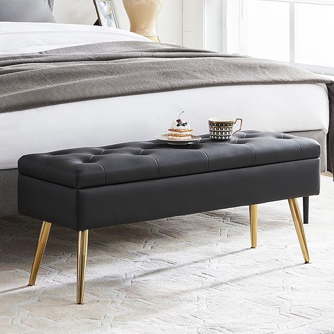 Black Bench for Bedroom Storage Ottoman Bench with Storage for End of Bed Entryway Faux Leather Black