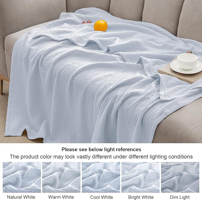 PHF 100% Cotton Muslin Blanket Queen Size 90"x90", 4-Layer Lightweight Gauze Throw, Breathable Cloud-Soft Minimalist Blanket for Bed, Couch, Camping, Ancient Water, Ideal Gift