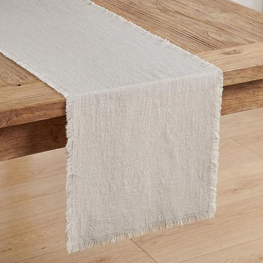 KINGSTONE 14 x 120 Inches Frayed Edge Table Runner, 270G Heavyweight Sand Washed Slub Texture Cotton Linen for Modern Farmhouse, Rustic Home Decorations Dining Room Wedding Boho Decor, Natural