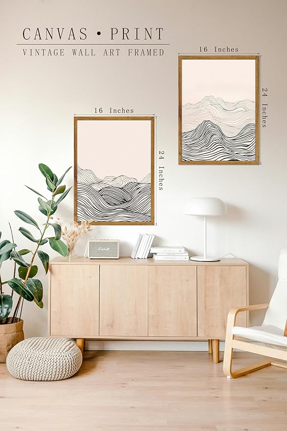 ARTZIO Framed Canvas Prints-Black and White Wall Art,Japanese Minimalist Abstract Ocean Wave Line Art,Vintage Retro Decor,Ready to Hang for Living Room,Bedroom,Bathroom & Office(16"x24")