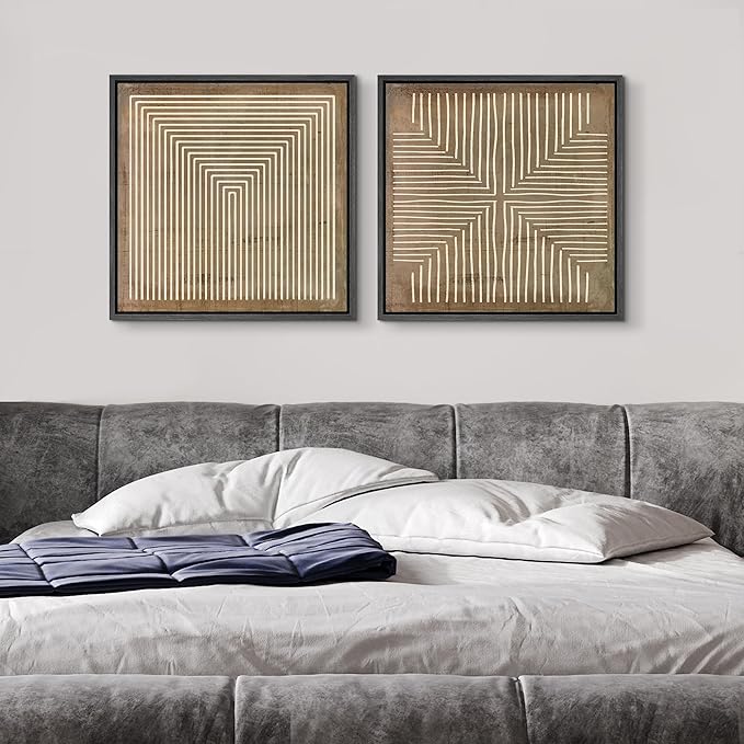 SIGNFORD Framed Canvas Print Wall Art Set Linear Abstract Monochromatic Lines and Abstract Form Illustrations Modern Art Minimal Relax/Calm for Living Room, Bedroom, Office - 16"x16"x2 Black