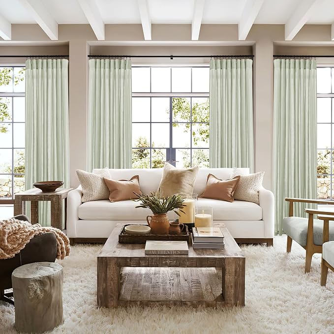 RYB HOME Linen Sheer Curtains 2 Panels for Living Room, Semi Transparent Privacy Drapes with Rod Pocket Farmhouse Style Window Treatments for Bedroom, Sage Green, 52" W x 84" L