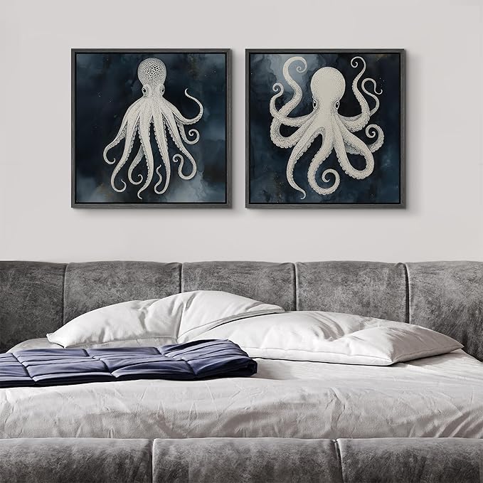 SIGNFORD Framed Canvas Print Wall Art Set Nautical Octopus Illustration Dark Blue Ocean Coastal Modern Art Relax/Calm for Living Room, Bedroom, Office - 24"x24"x2 BLACK