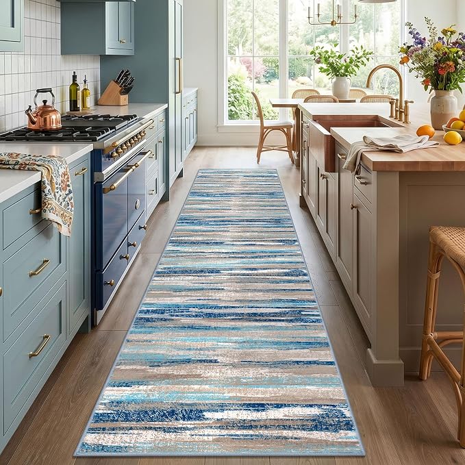 Lansny Modern Abstract Runners for Hallways 3x14, Washable Runner Rug Non-Slip Indoor Soft Long Hallway Runner Rug, Thin Print Faux Wool Floor Carpet for Hall Entryway Kitchen, Blue
