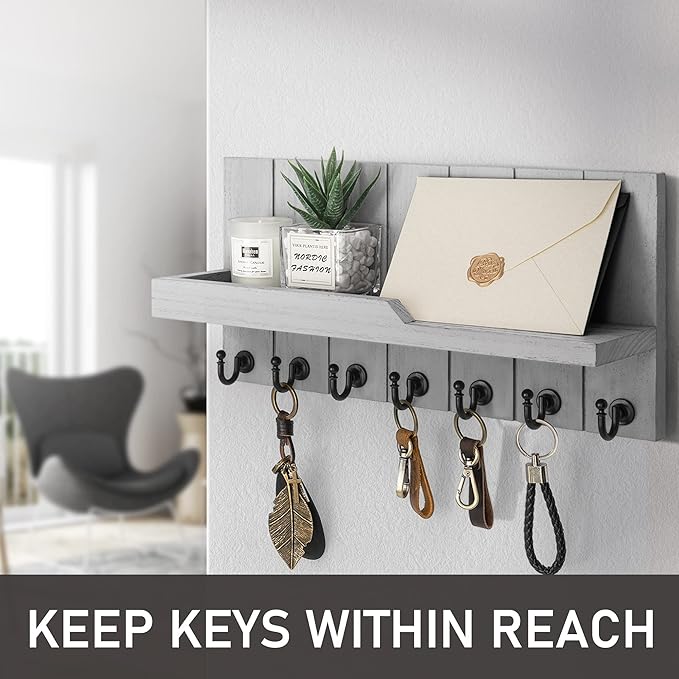 Rebee Vision Decorative Key and Mail Holder for Wall - Farmhouse 15 Inches Floating Shelf with 7 Sturdy Key Hooks for Home Entryway Wall Decor - Rustic Key Racks (Gray,15-inch)