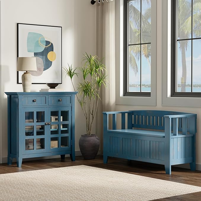 SIMPLIHOME Acadian Solid Wood 48 inch Wide Storage Bench that Seats 2 and 36 inch Wide Storage Cabinet in Distressed Coastal Blue for the Living Room, Entryway, and Family Room, Transitional Style