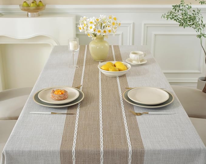 Alsoo Table Cloth Rectangle Table Rustic Waterproof Tablecloth Cotton Linen Wrinkle Free Spring Tablecloth for Party, Kitchen Dining, Holiday, Outdoor (Coffee Lines, 10-12 Seats, 55"x120")