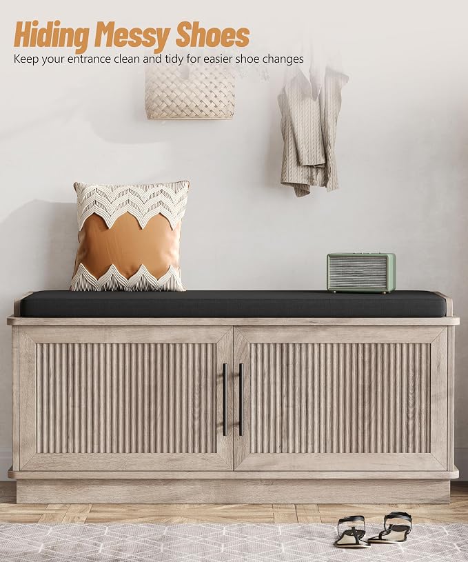 Akxomel Fluted Shoe Storage Bench with Cushion, 39.4" Entryway Bench with Adjustable Shelves and 2 Doors, Shoe Cabinet Bench with Curved Profile, for Hallway, Living Room, Bedroom, Greige