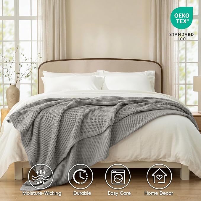 PHF 100% Cotton Waffle & Muslin Blanket Twin Size, Soft Breathable Luxury 400GSM Versatile Reversible Bedding for Bed, Great for Layering in Cold Weather, Home Decor Gift, 66" x 90", Frosted Grey