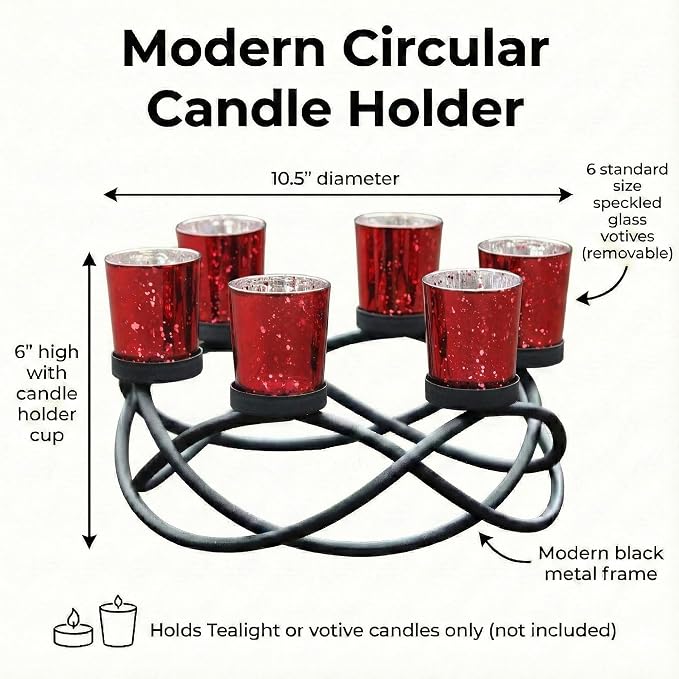 Seraphic Candle Holders for Table Centerpiece Decor, Indoor/Outdoor, Red | Gothic, Halloween & Christmas Decor, Patio Umbrella Centerpiece, Round Wrought Iron 6 Votive Holders, 10.5in Round