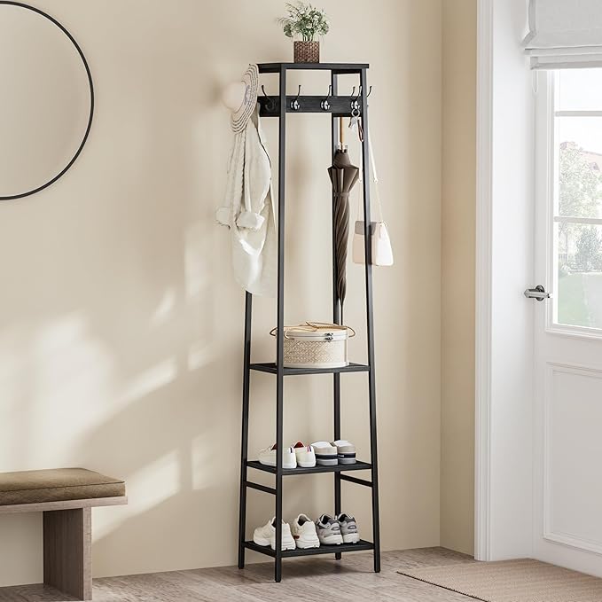 Coat Rack Freestanding, Coat Stand with 3 Shelves and 7 Hooks, Hall Tree Free Standing, Clothes Rack Stand Organizer for Bedroom, Hallway, Entryway, Living Room, Industrial Style, Black
