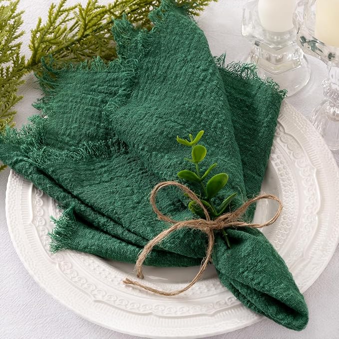 Socomi Set of 6 Linen Napkins Emerald Green Christmas Easter Spring Cloth Napkins Washable Cotton Dinner Napkins Fringe 17"x17" for Wedding Party Bridal Baby Shower Birthday Table Decorations