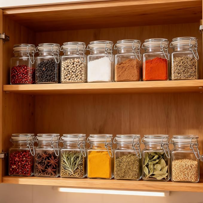 R DRURLCD 20 Pack 4 oz Square Small Glass Spice Jars for Herbs with Airtight Hinged Lids, Spice Containers with Labels,Marker,Spoons,Funnel for Seasoning,Honey Kitchen Storage Wedding Favors