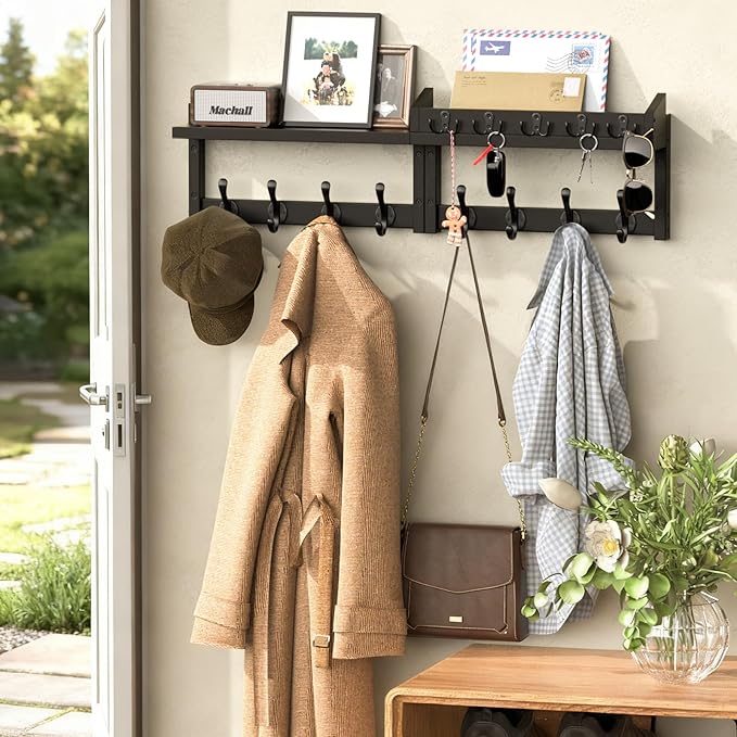 35'' Black Coat Rack Wall Mount with Shelf, Solid Wood Coat and Key Hanger with 13 Metal Hooks, Farmhouse Wall Organizer for Mail, Entryway Wall Hangers for Hats, Clothes, Backpacks