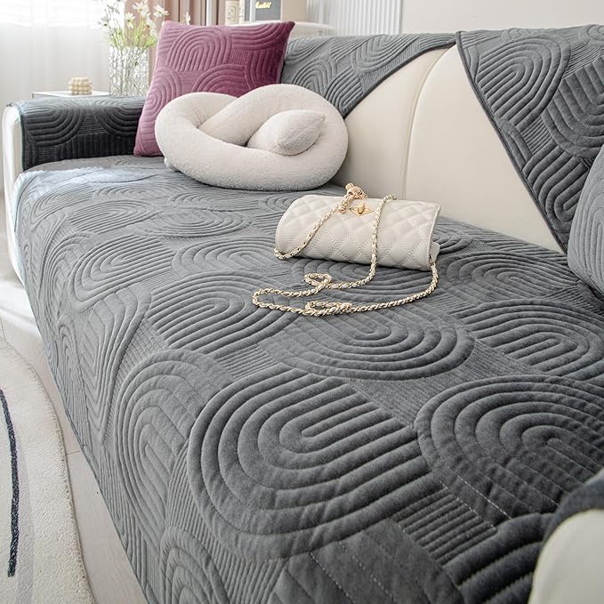 Soft Plush Geometric Quilted Couch Sofa Cover Boho Non Slip Fuzzy Sectional Couch Cover Solid Color Washable Sofa Slipcover Furniture Protector for Kids Dogs Cats (Dark Grey,36"x36")