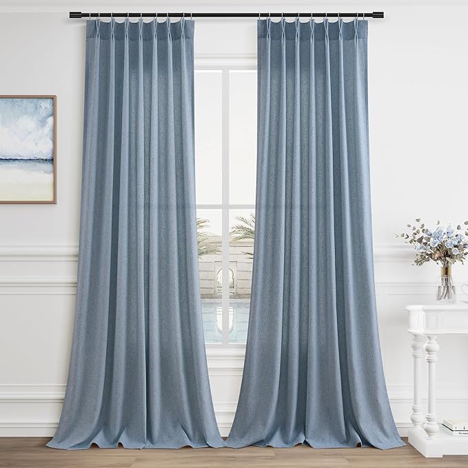 Aersas Stone Blue Extra Long Pinch Pleat Linen Curtains 112 Inches Long 2 Panels for Living Room Bedroom Light Filtering Back Tab Pleated Drapes 112 Inch Length Semi Sheer Ceiling Floor Curtain
