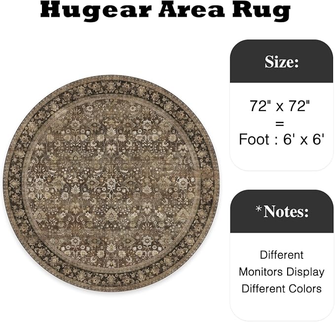 HUGEAR Round Rug 6ft Entryway Rugs Machine Washable Brown Hallway Area Rug 6x6 Large Circle Accent Rug Floral Low Pile Carpet Soft Throw Rug Living Room Office Laundry Room Entrance Non Slip