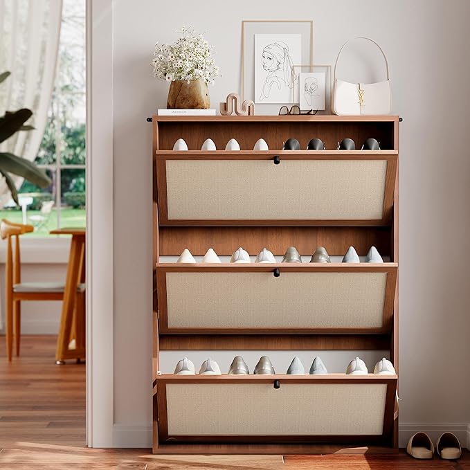 31.5" Mid-Century Slim Narrow Shoe Storage Cabinet for Entryway, Hidden 3 Tier Wood Shoe Storage Organizer with Non-Divider Flip Drawer for Hallway, Living Room,Apartment (Walnut)