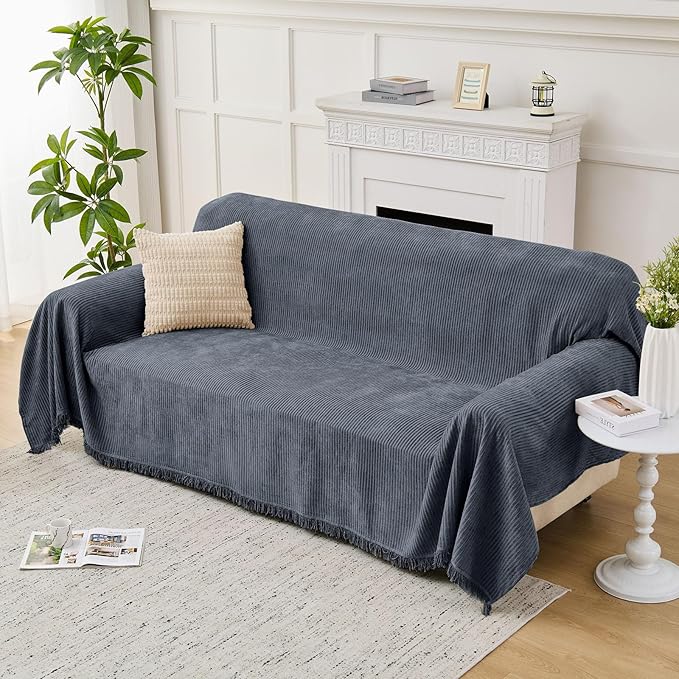 LOMAO Couch Cover Sofa Covers for 3 Cushion Sectional Couch Covers L Shape Couch Cover with Tassel Sofa Protector Washable Reversible Chenille Sofa Slipcover for Pet (Dark Grey,XLarge(71 * 134))