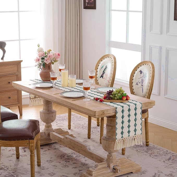 Fancy Homi Hunter Green Boho Cotton Polyester Table Runner 90 Inches Long, Farmhouse Macrame Table Runners with Tassels for Home Party Bohemian Rustic Bridal Shower Kitchen Dining Decor 12x90 Inches